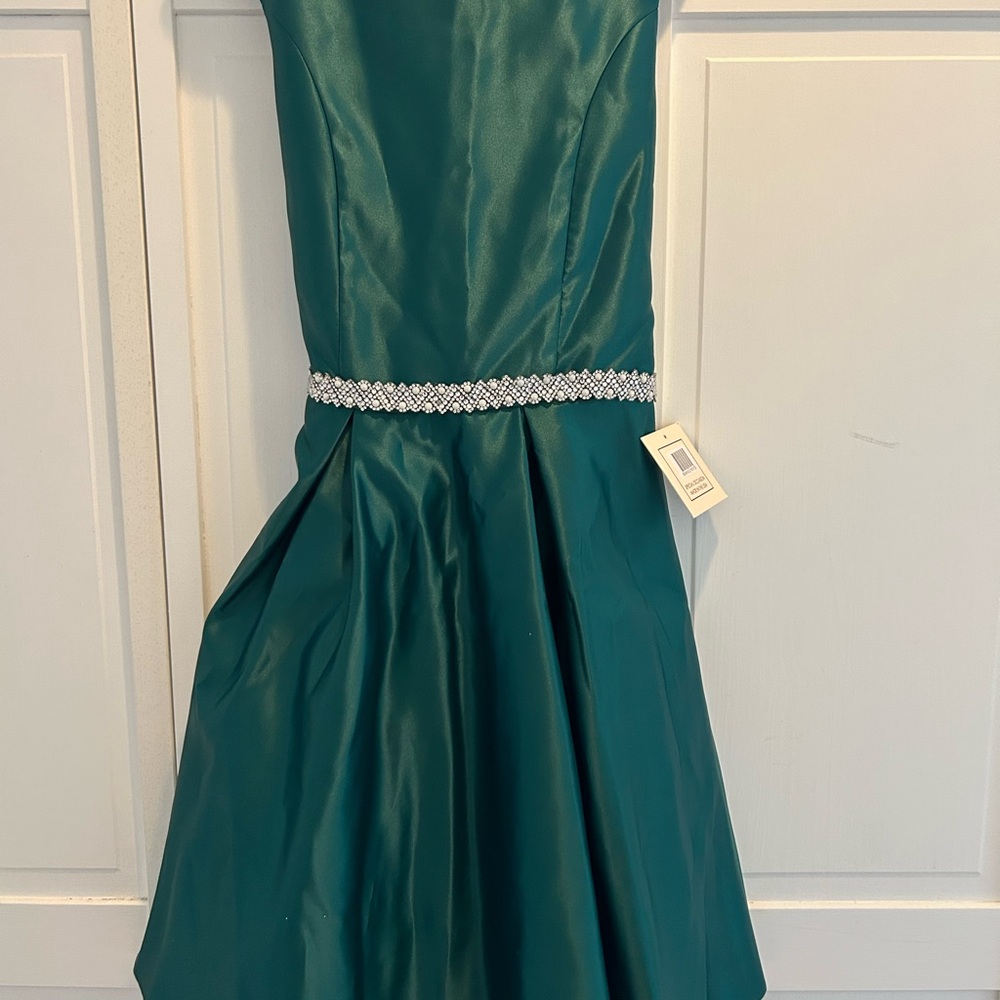 Girls' Teal Satin Party Dress with Crystal-Embellished Waist